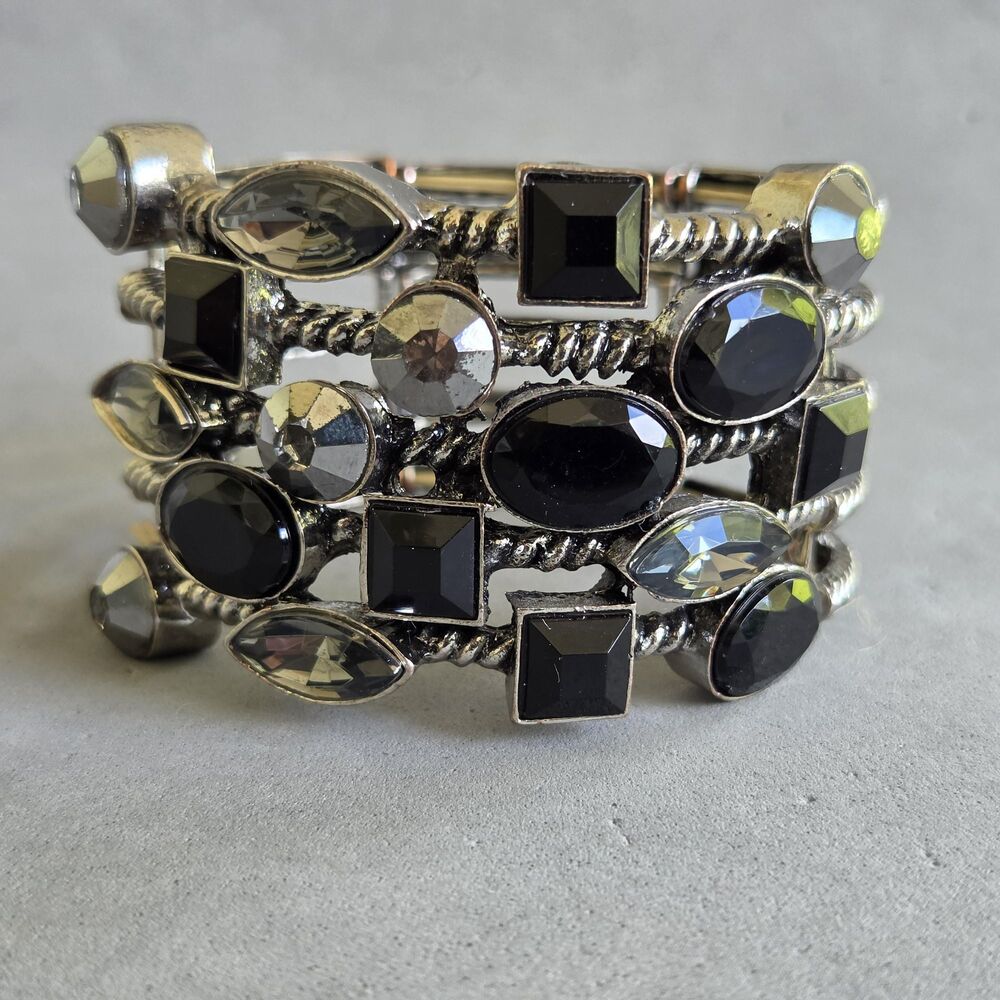 Lia Sophia Party Favor Stretch Bracelet Black Gray Rhinestone Cuff Style 12074